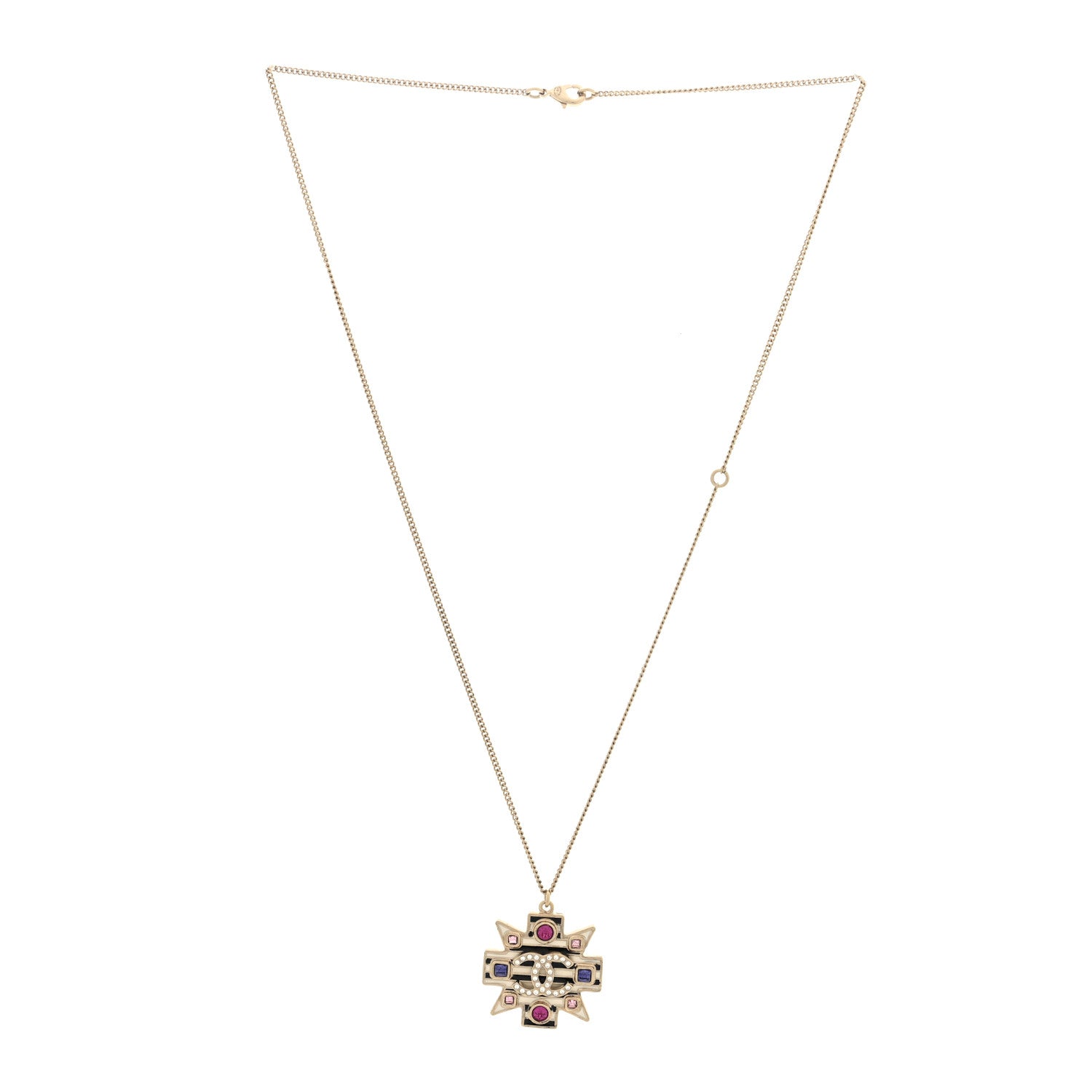 Chanel Crystal Enamel Stripe CC Pendant Necklace Gold Multicolor 3 of 4