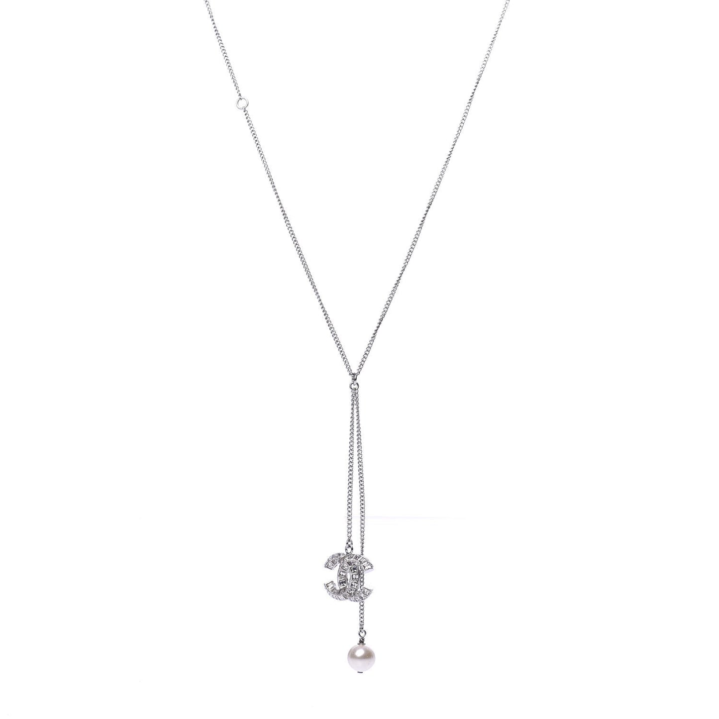 Baguette Crystal Pearl CC Lariat Necklace Silver