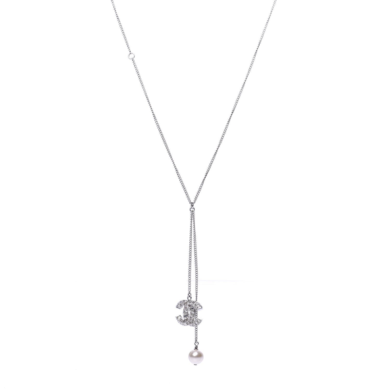 Chanel Baguette Crystal Pearl CC Lariat Necklace Silver 1 of 5