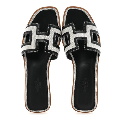 Hermes Canvas Calfskin Oran Sandals 38 Prunoir Black 2 of 10