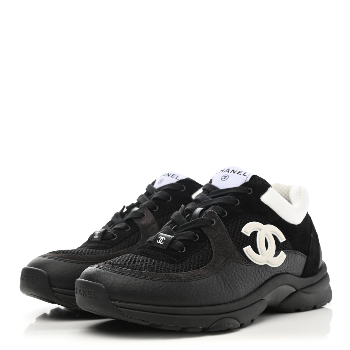 Mesh Suede Grained Calfskin Womens CC Sneakers 38.5 Black White