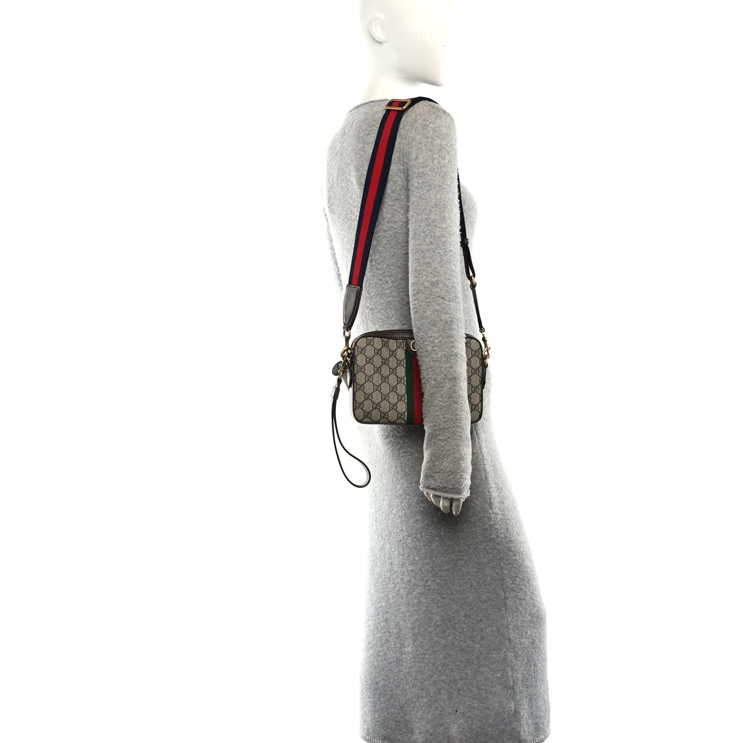 GG Supreme Monogram Textured Dollar Calfskin Web Ophidia Wristlet Shoulder Bag Beige Ebony New Acero