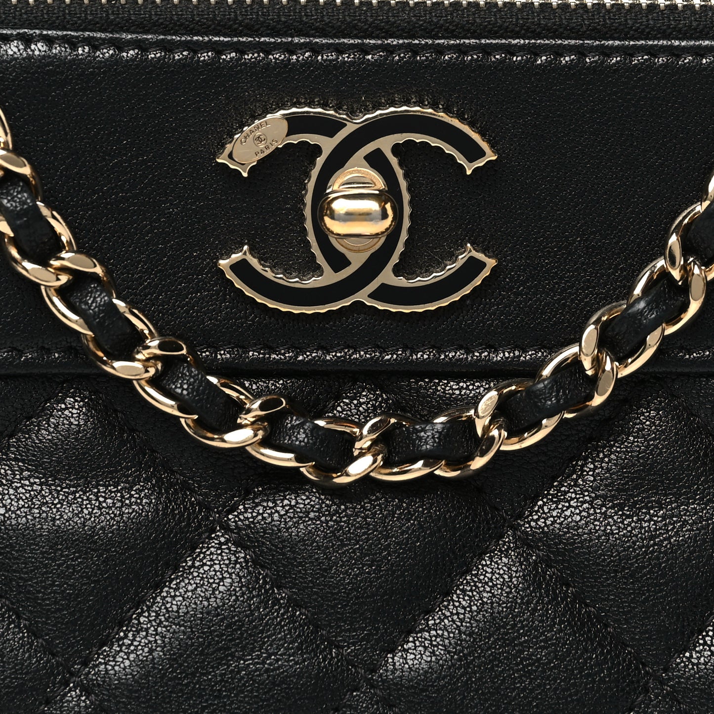 Metallic Sheepskin Chevron Quilted Small Vintage Mademoiselle Clutch With Chain Black