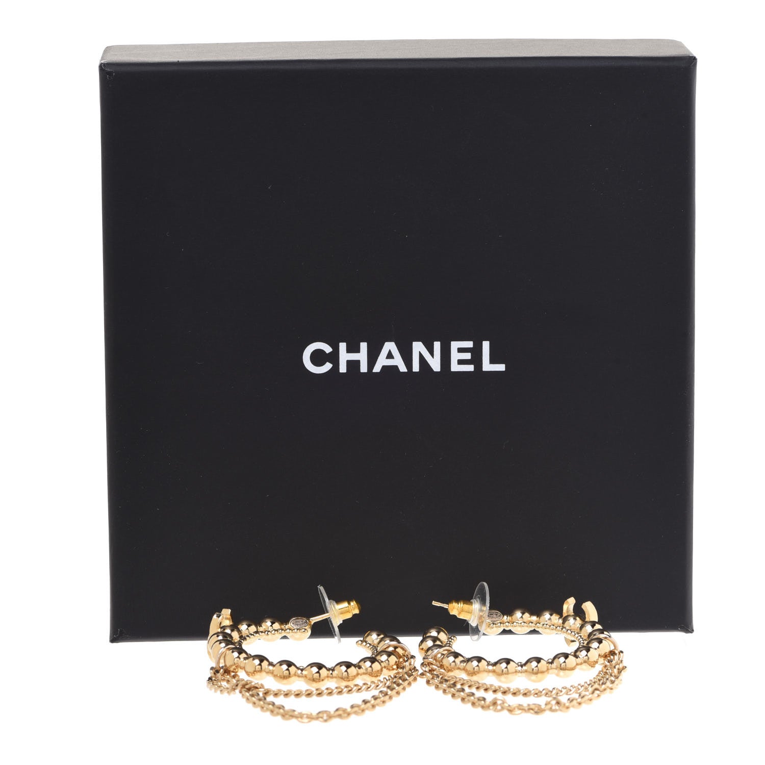 Chanel Metal Crystal Bead Chain CC Hoop Earrings Gold 5 of 5