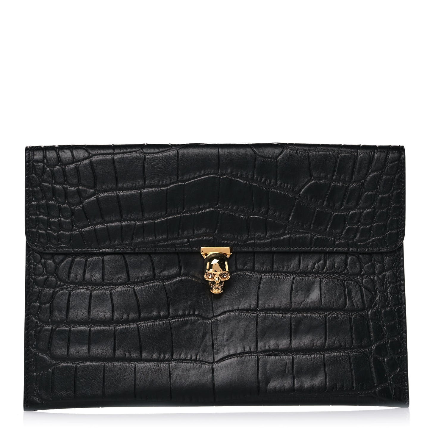 Calfskin Crocodile Embossed Skull Envelope Clutch Black