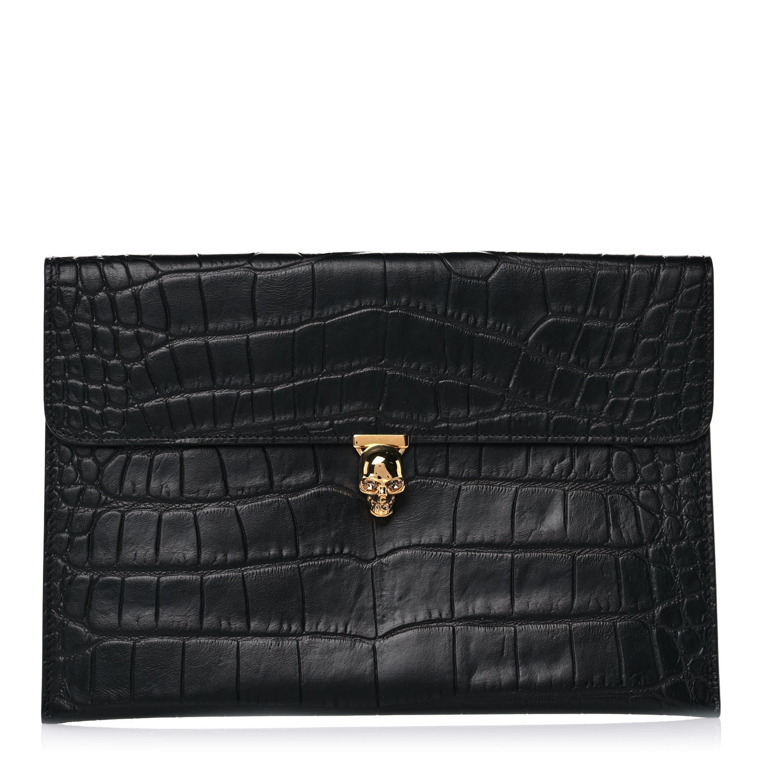 Alexander McQueen Calfskin Crocodile Embossed Skull Envelope Clutch Black 1 of 8