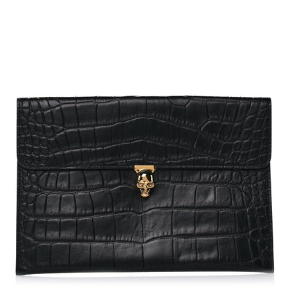 Alexander McQueen Calfskin Crocodile Embossed Skull Envelope Clutch Black 1 of 8