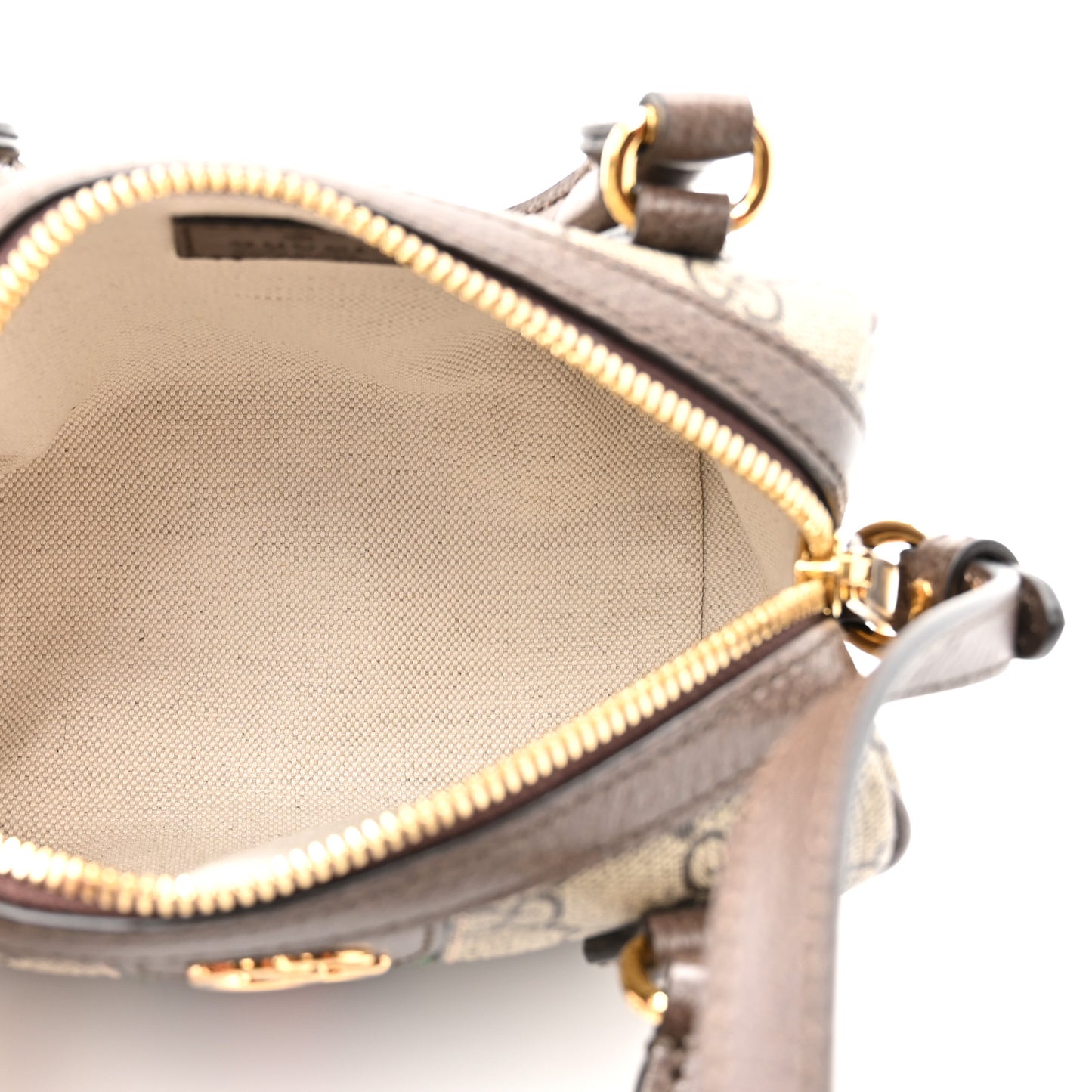 GG Supreme Monogram Textured Dollar Calfskin Web Super Mini Ophidia Top Handle Bowler Bag Beige Ebony New Acero