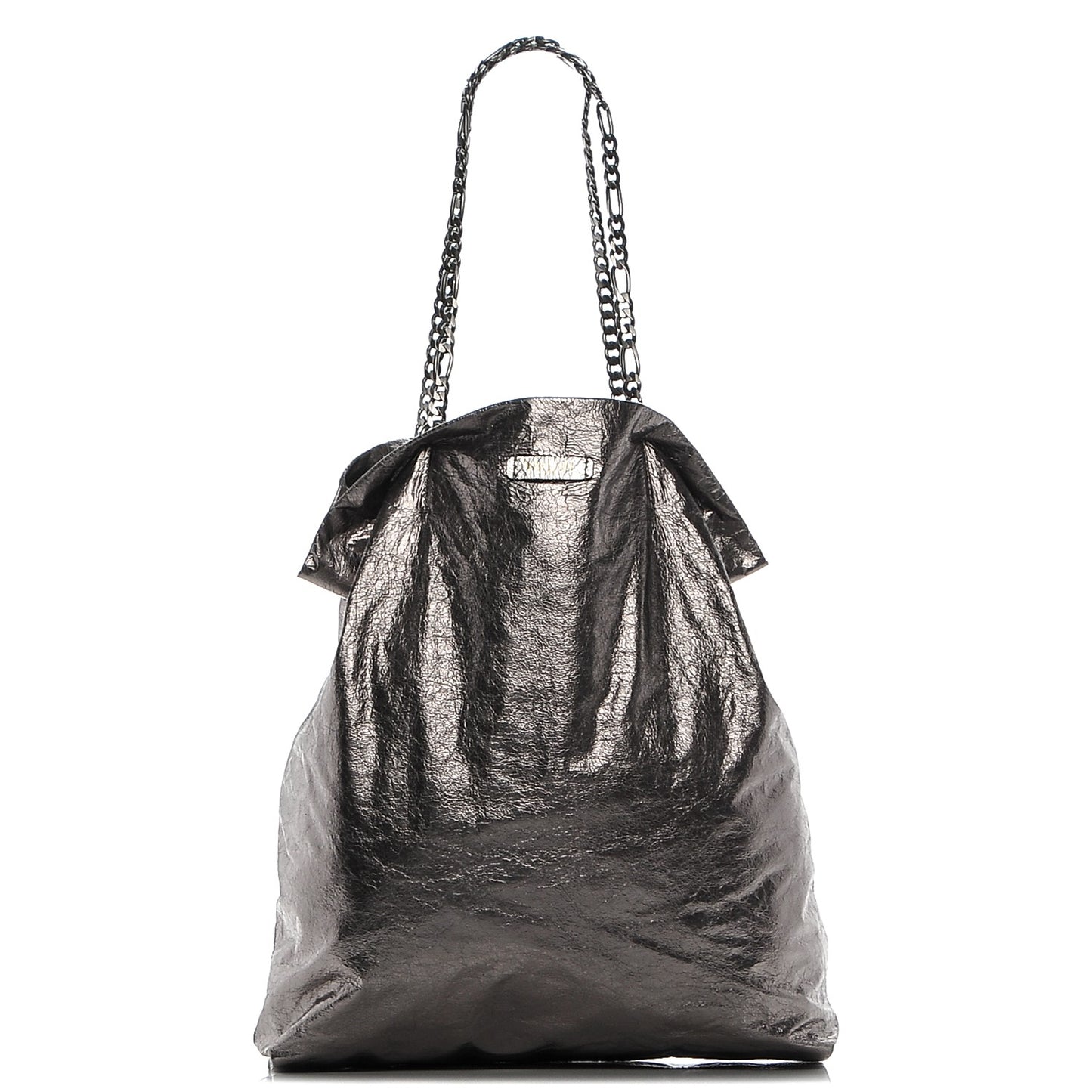 Metallic Crinkled Lambskin Paper Bag Tote Grey