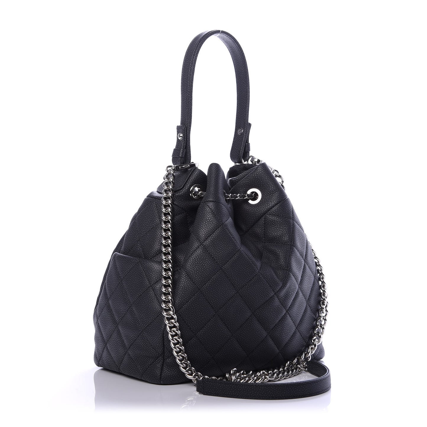 Grained Calfskin Quilted Medium CC Chain Bucket Drawstring Bag Black