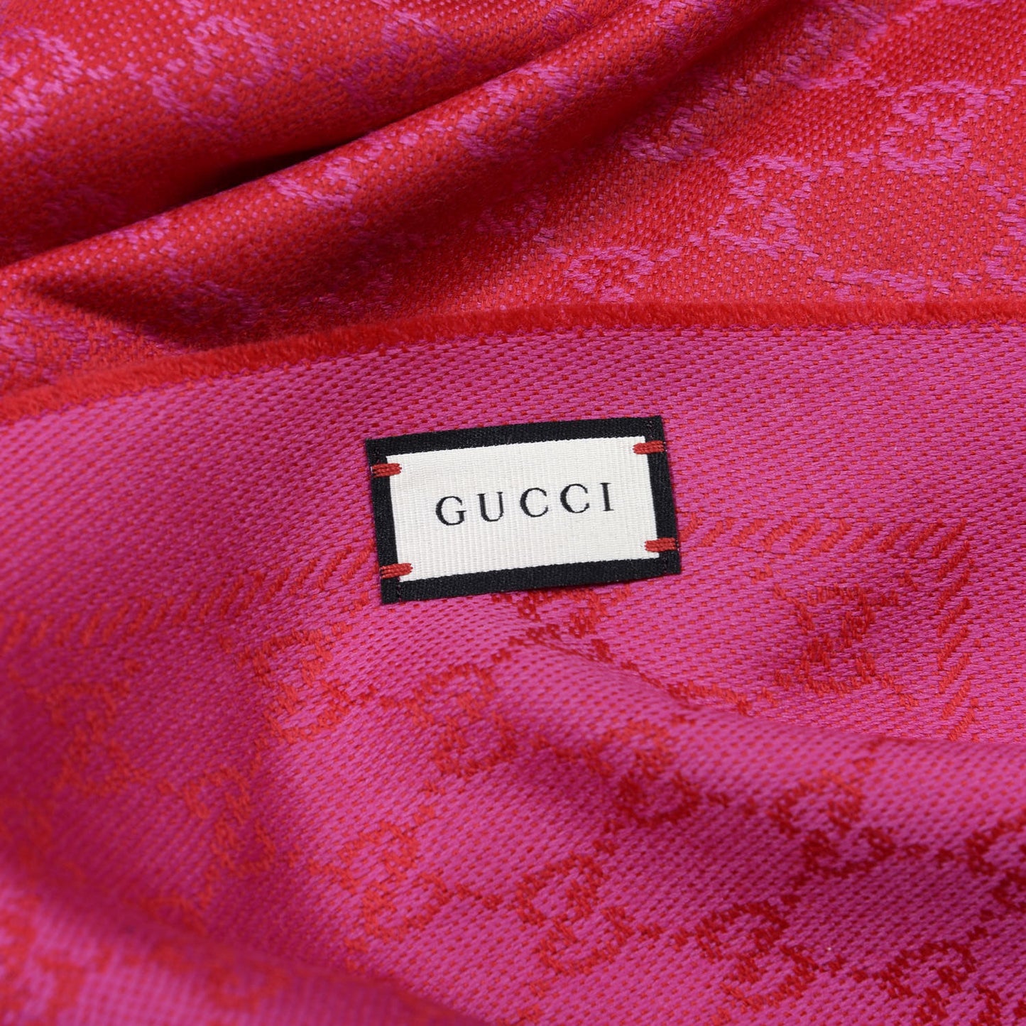Wool Jacquard GG Monogram Reversible New Sten Fringe Scarf Red Pink