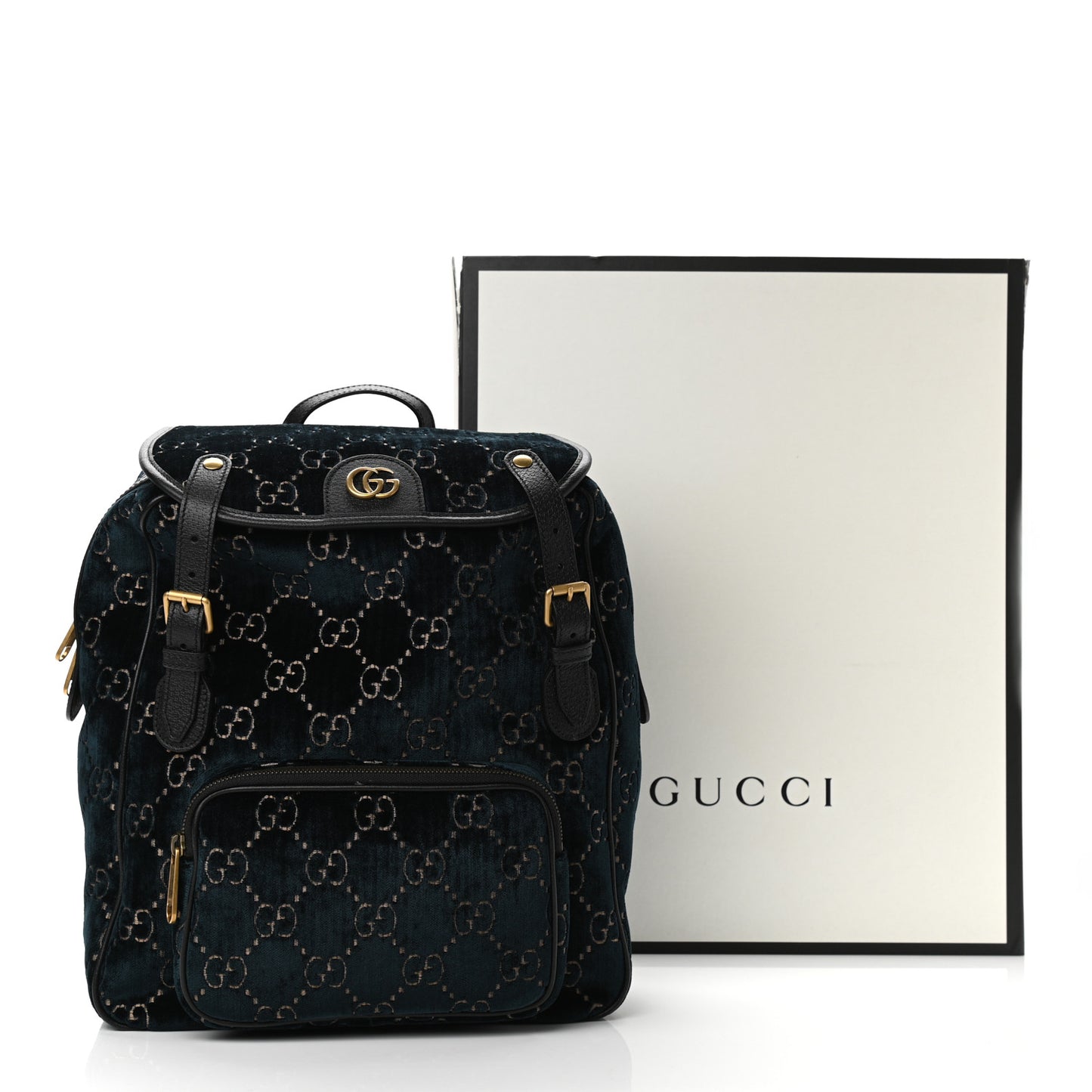 Velvet GG Monogram Textured Calfskin Web Small Double Buckle Backpack Blue Beige Black