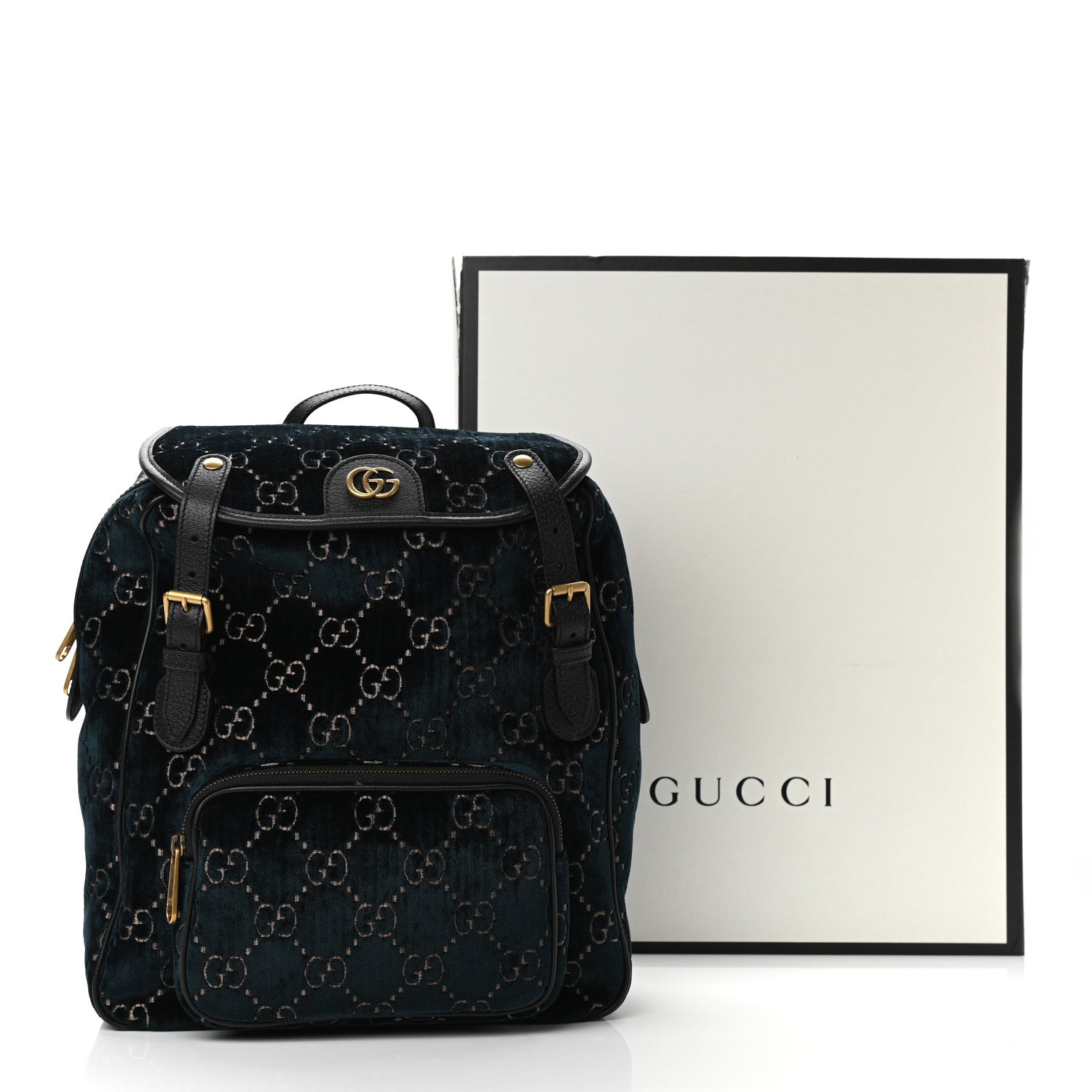 Gucci Velvet GG Monogram Textured Calfskin Web Small Double Buckle Backpack Blue Beige Black 11 of 11