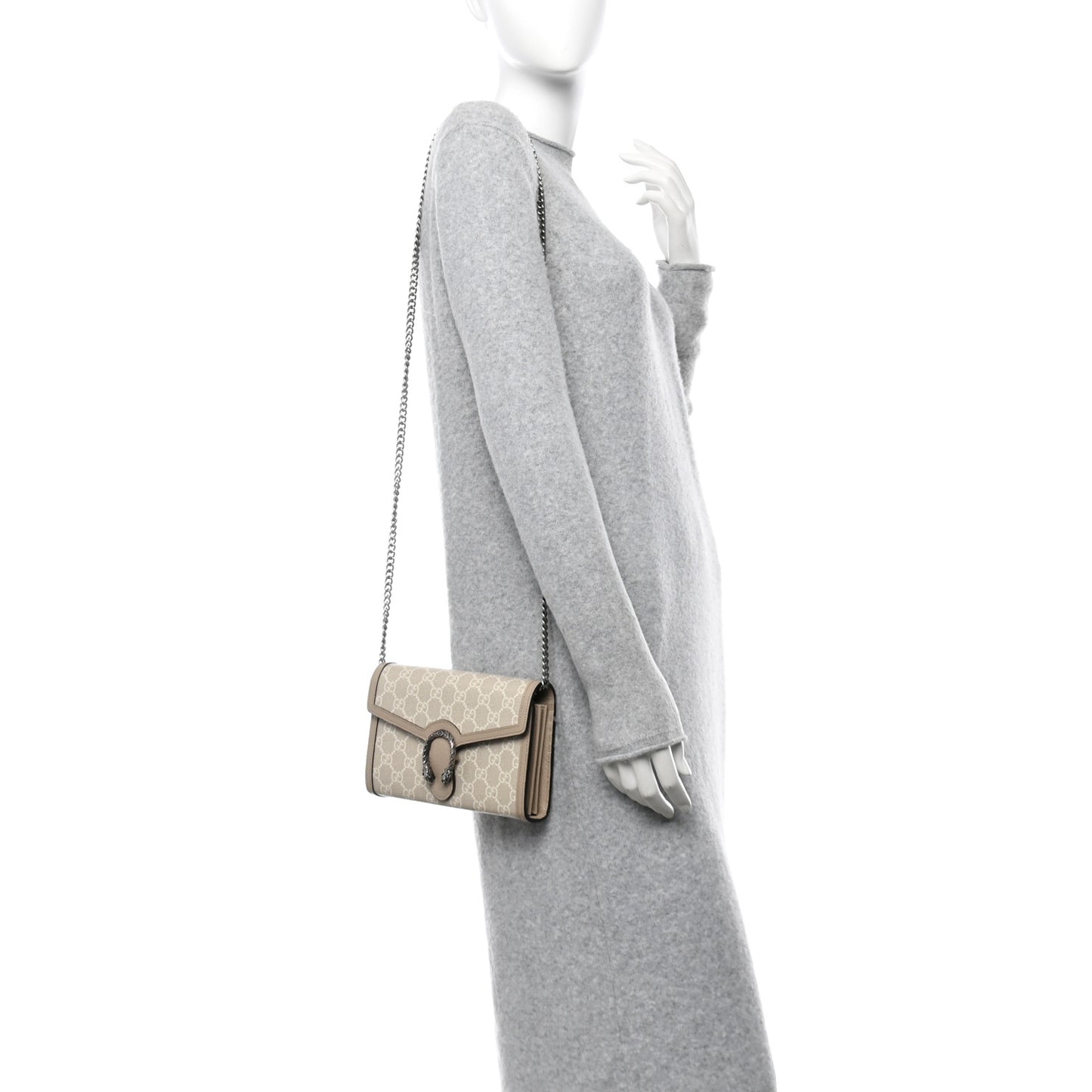 GG Supreme Monogram Textured Dollar Calfskin Mini Dionysus Chain Wallet Beige Mystic White Oatmeal