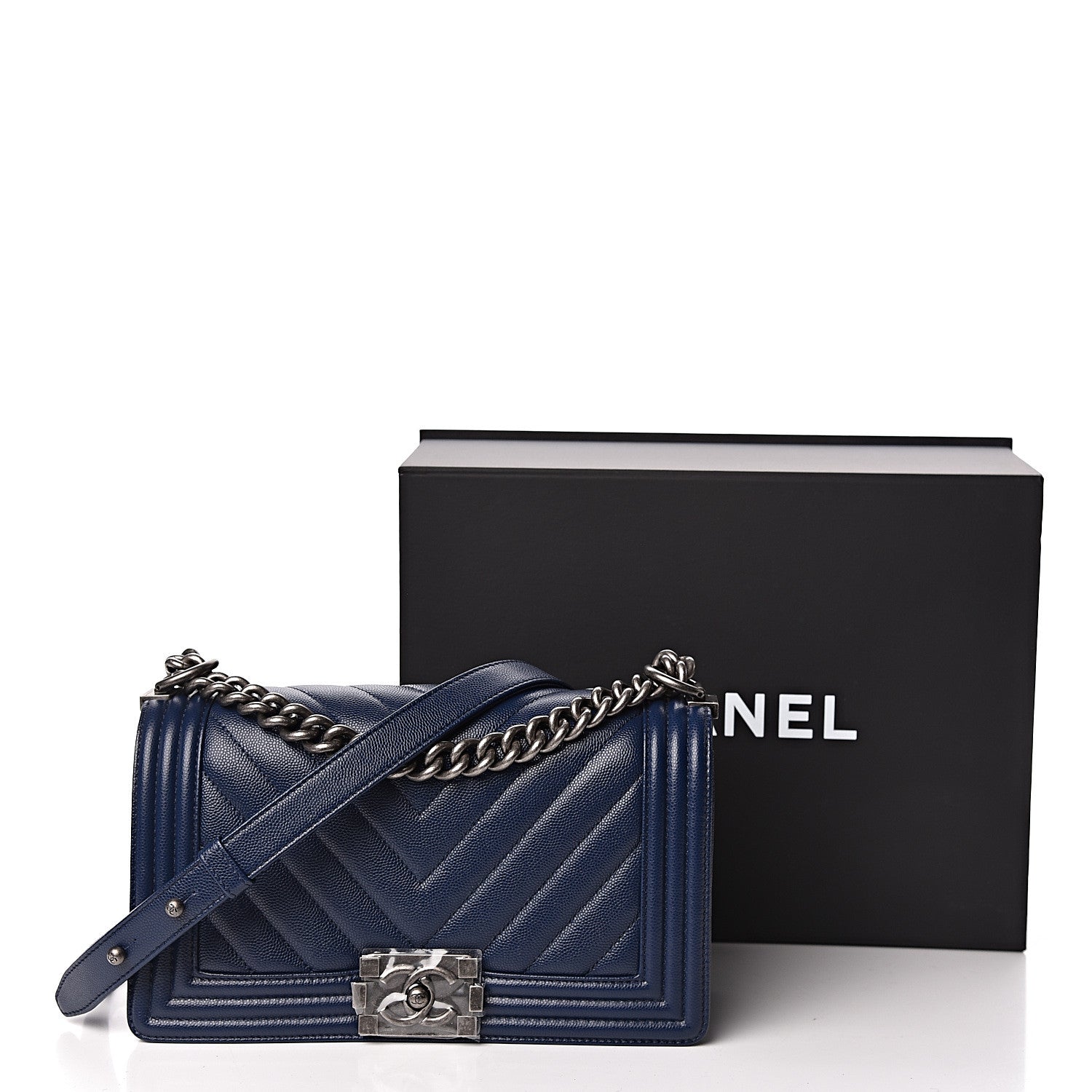 Chanel Caviar Chevron Quilted Medium Boy Flap Navy 11 of 11
