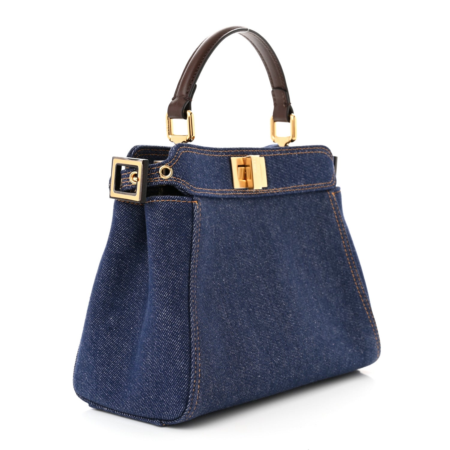 Fendi Denim Fabric Jacquard Cuoio FF 1974 Mini Peekaboo Iconic Satchel Blue Tobacco Moro 2 of 12