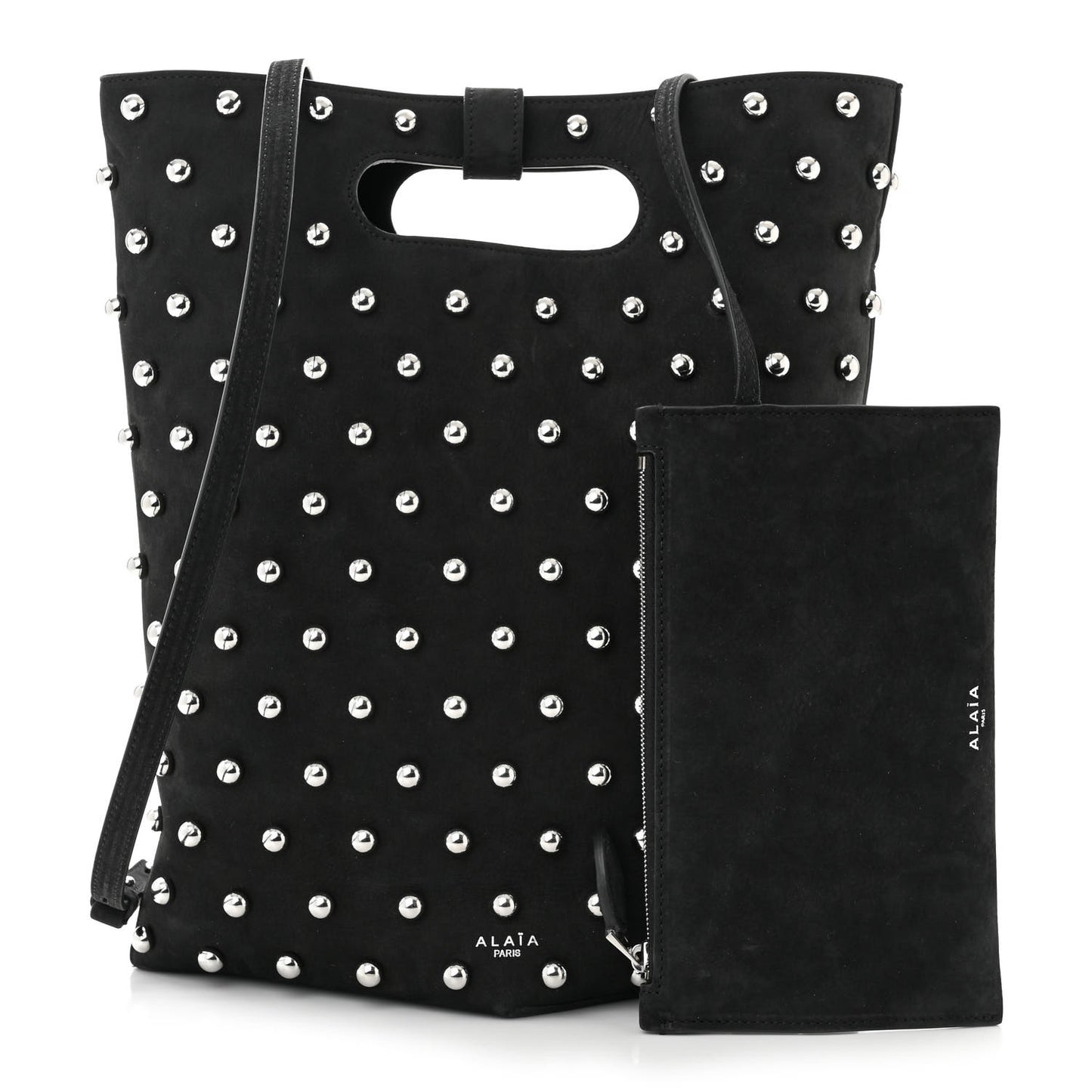 Nubuck Calfskin Studded Medium Folded Bag Black
