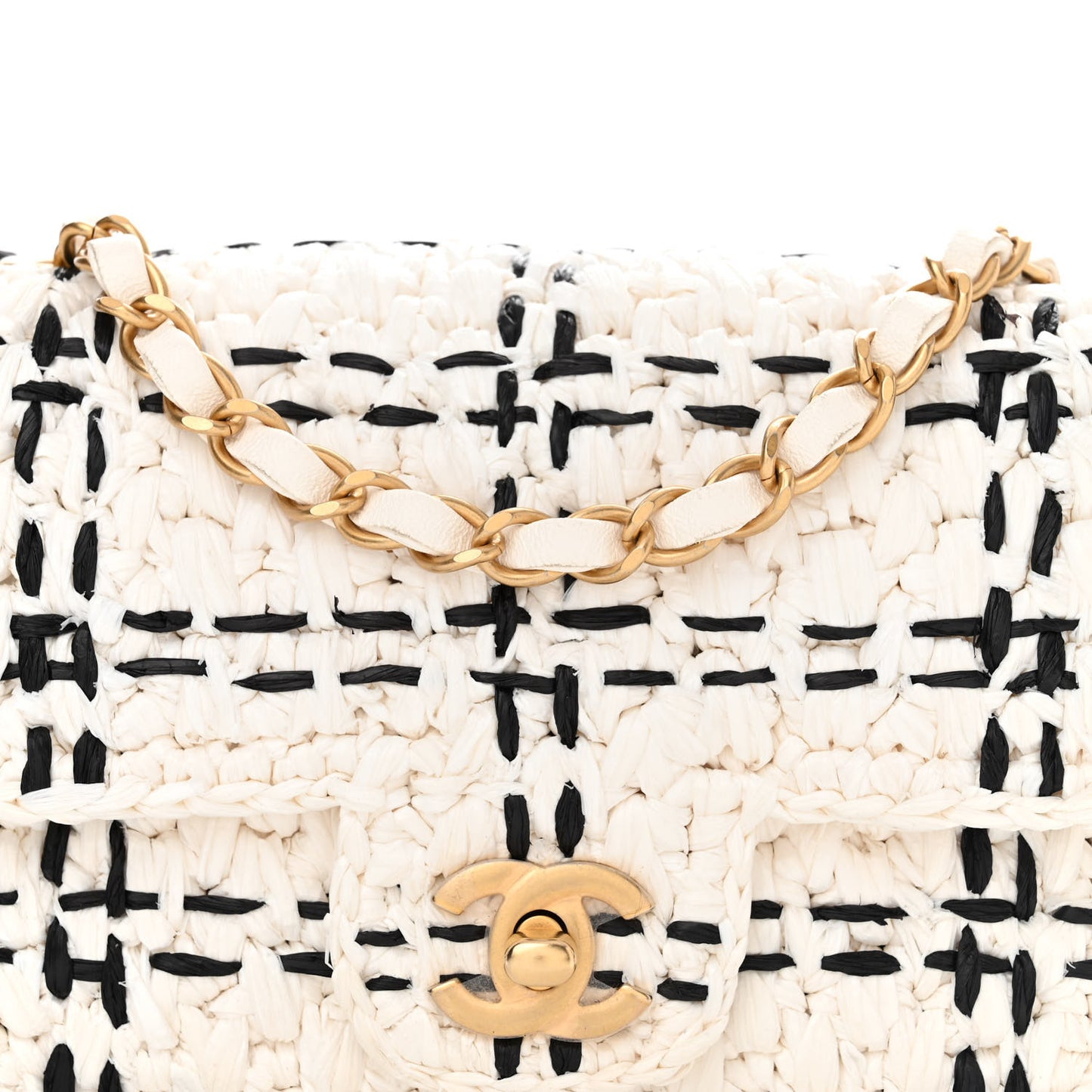 Raffia Effect Tweedy Mini Flap Bag White Black