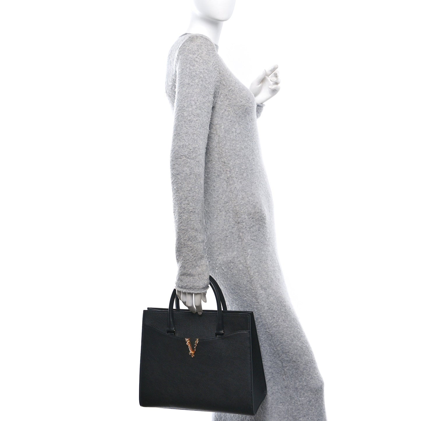 Grained Calfskin Large Virtus Top Handle Shoulder Bag Black