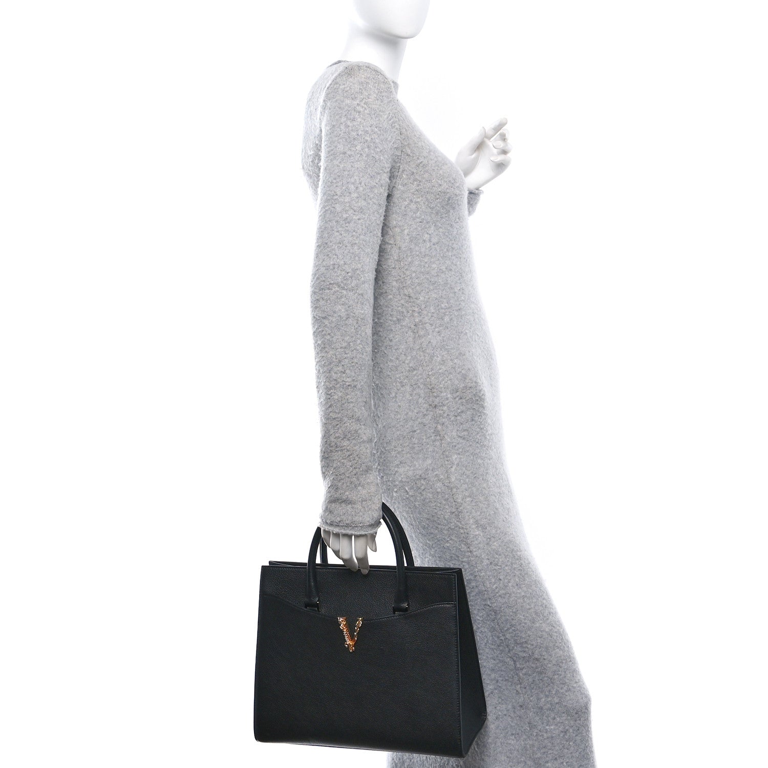 Versace Grained Calfskin Large Virtus Top Handle Shoulder Bag Black 2 of 11