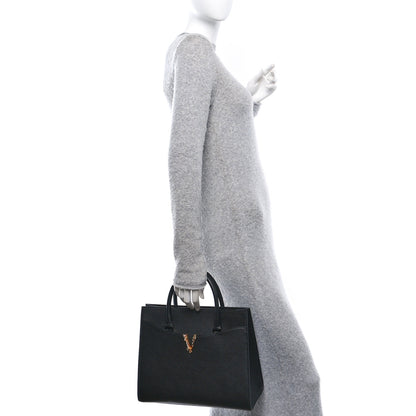 Versace Grained Calfskin Large Virtus Top Handle Shoulder Bag Black 2 of 11