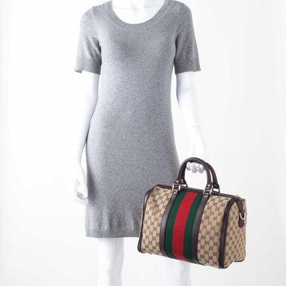 Gucci Monogram Selleria Calfskin Vintage Web Medium Boston Beige Ebony Cocoa 2 of 9