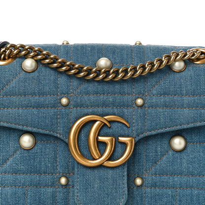 Gucci Denim Matelasse Pearl Studded Small GG Marmont Shoulder Bag Blue 9 of 12