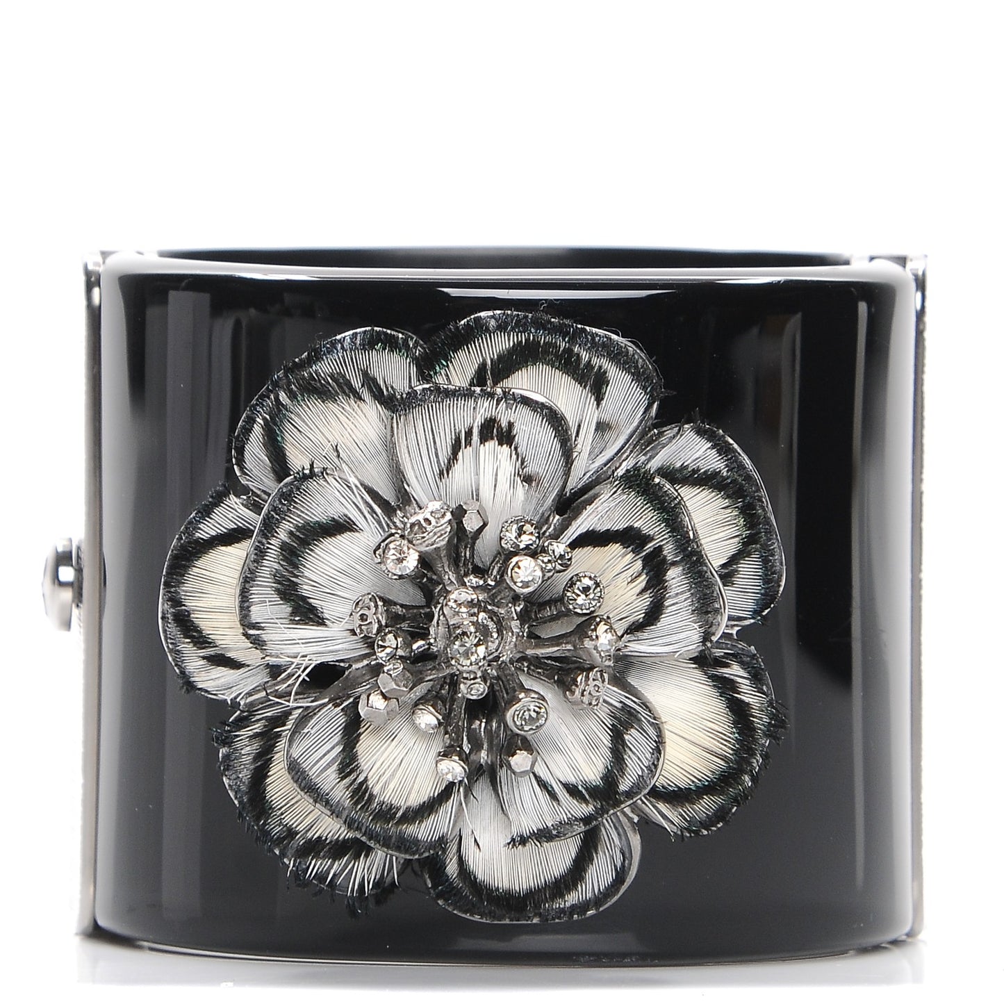 Resin Crystal Feather CC Camellia Wide Cuff Black