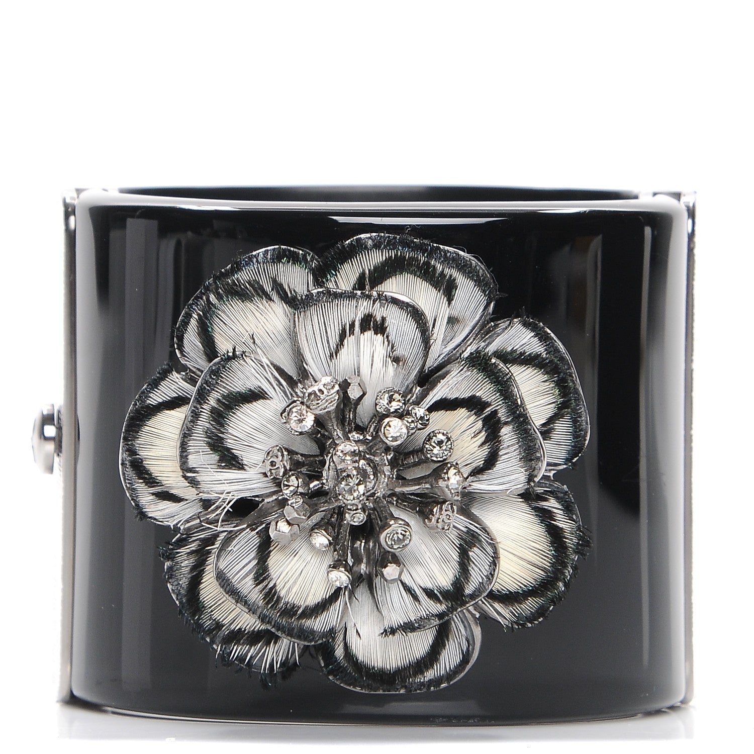Chanel Resin Crystal Feather CC Camellia Wide Cuff Black 1 of 8