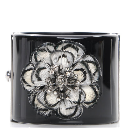 Chanel Resin Crystal Feather CC Camellia Wide Cuff Black 1 of 8