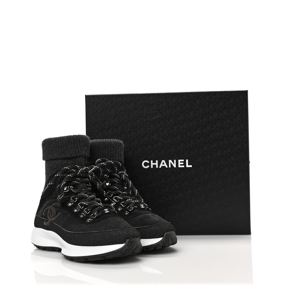 Suede Calfskin Knit CC Sneakers 35.5 Black Dark Gray