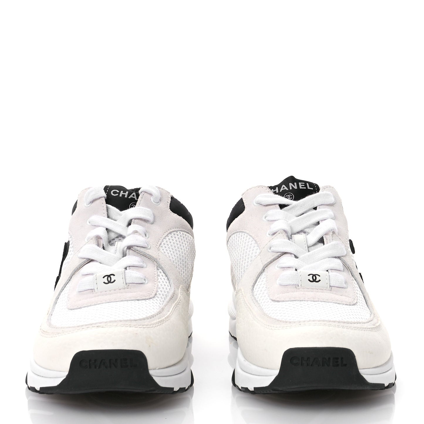 Mesh Suede Calfskin Grained Calfskin Womens CC Sneakers 39 White Black