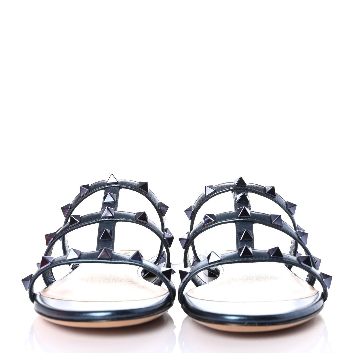 Metallic Calfskin Rockstud Caged Flat Slide Sandals 36 Marine