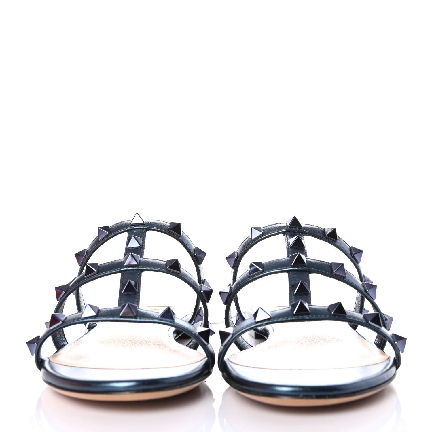 Valentino Garavani Metallic Calfskin Rockstud Caged Flat Slide Sandals 36 Marine 2 of 4