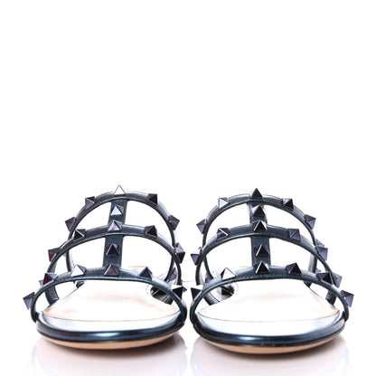 Valentino Garavani Metallic Calfskin Rockstud Caged Flat Slide Sandals 36 Marine 2 of 4