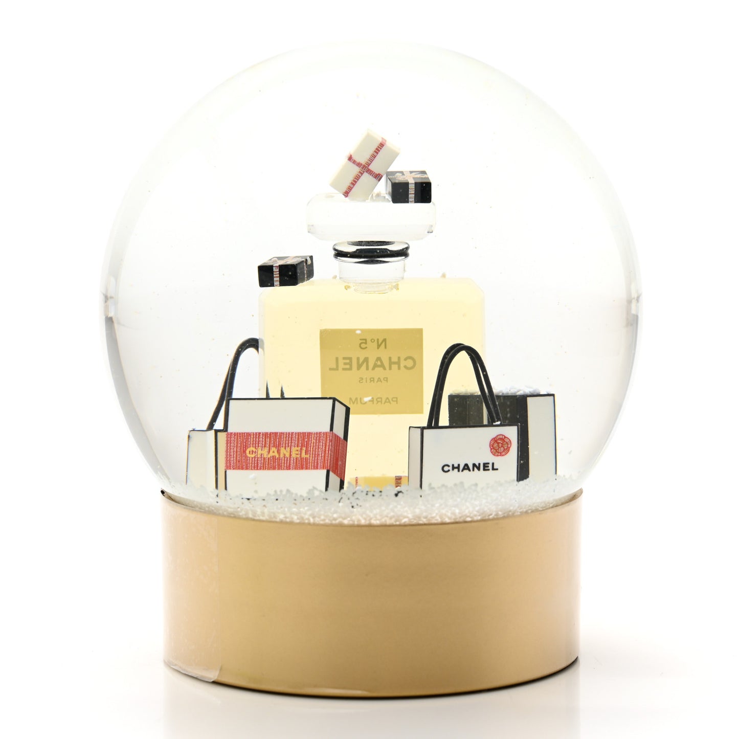 Glass N°5 Perfume Bottle Snow Globe Gold