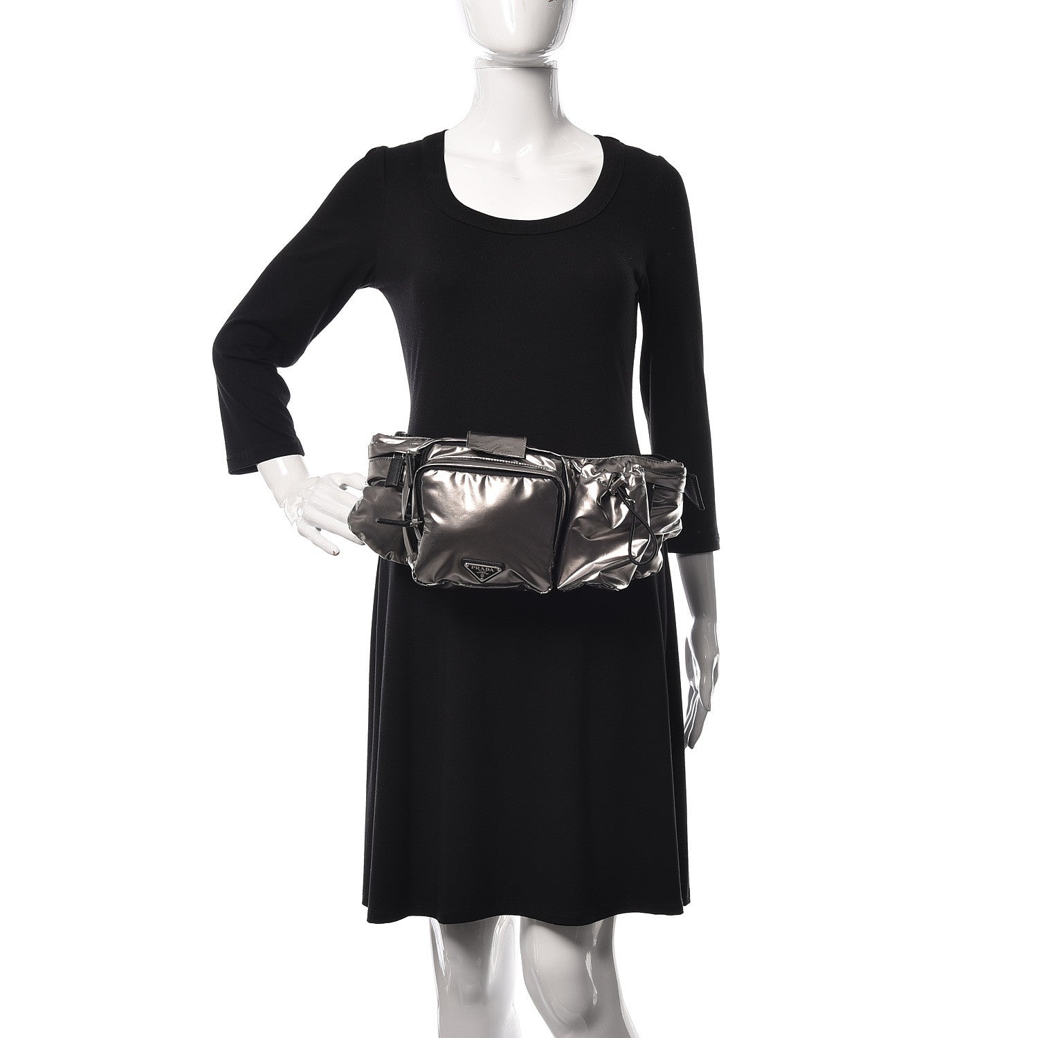Prada Metallic Tessuto Nylon Metal Triple Pocket Belt Bag Ferro 2 of 9