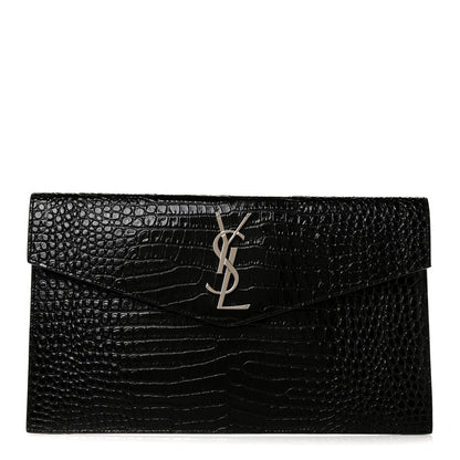 Saint Laurent Calfskin Crocodile Embossed Uptown Monogram Clutch Black 1 of 10