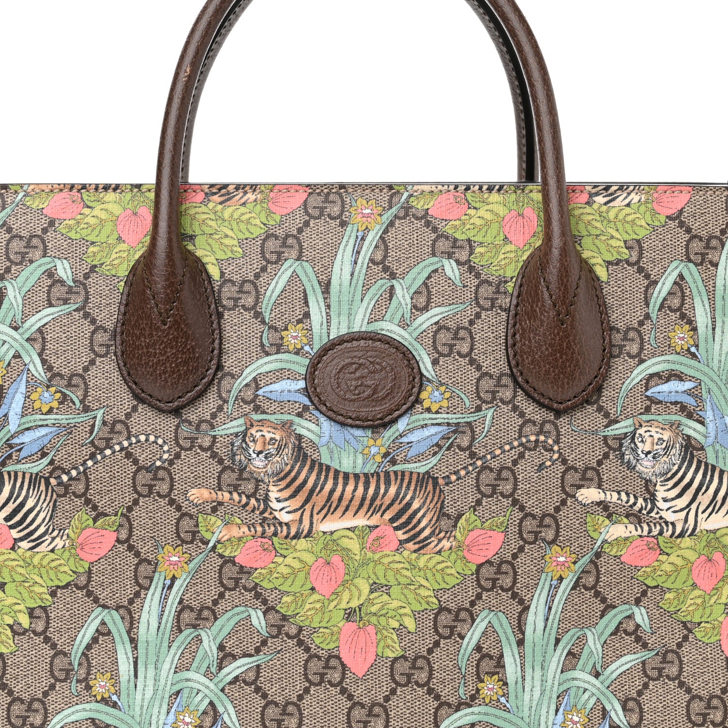 Gucci GG Supreme Monogram Tiger Savanah Textured Dollar Calfskin Small Retro Interlocking G Tote Bag Beige Ebony Multicolor New Acero 8 of 14