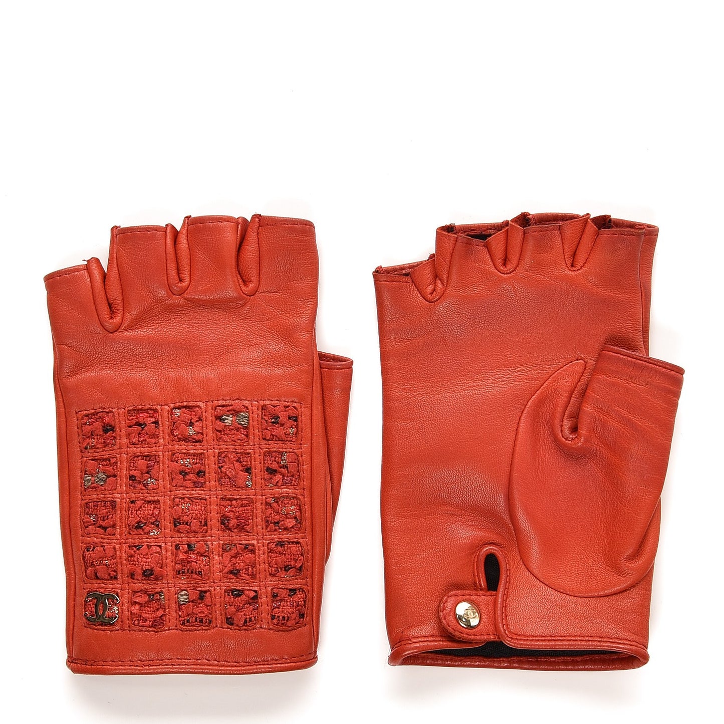 Lambskin Tweed Fingerless Gloves 7 Red