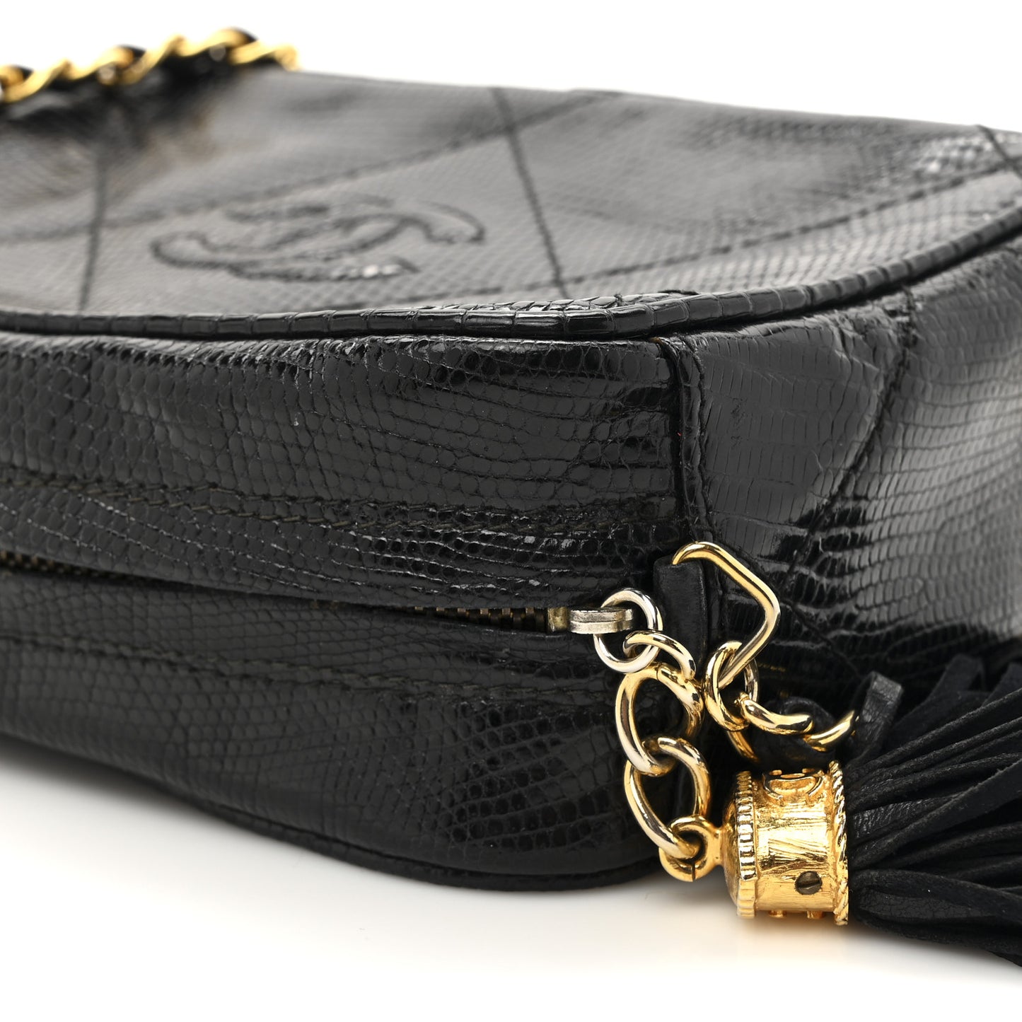 Lizard Quilted Small Tassel Camera Case Black
