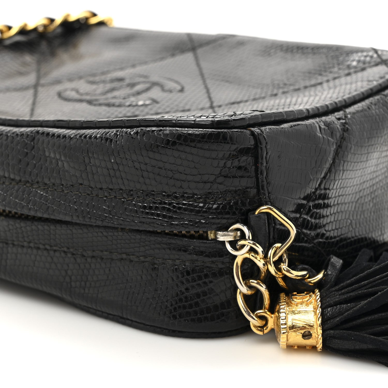 Chanel Lizard Quilted Small Tassel Camera Case Black 15 of 15