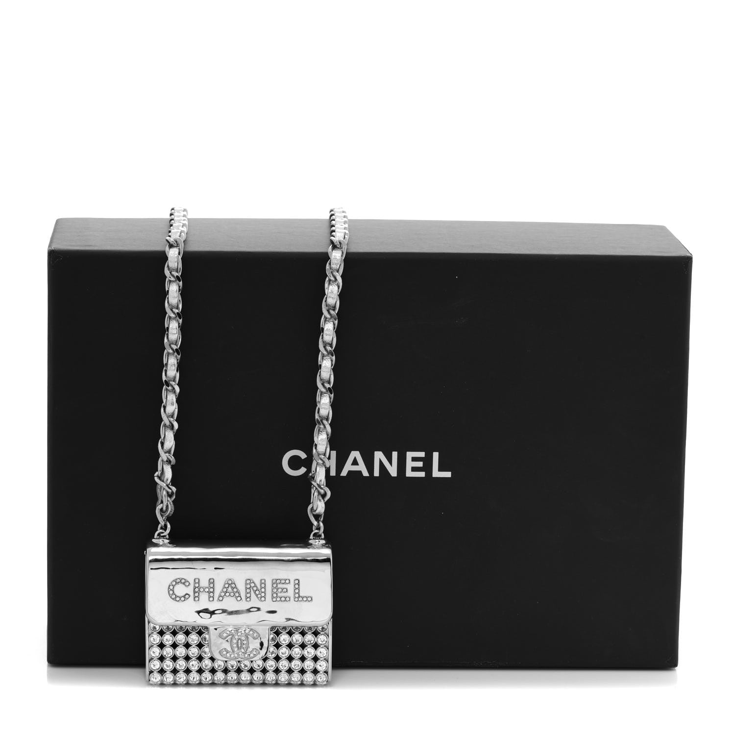 Chanel Metal Lambskin Strass Crystal Purse CC Long Necklace Silver 6 of 6
