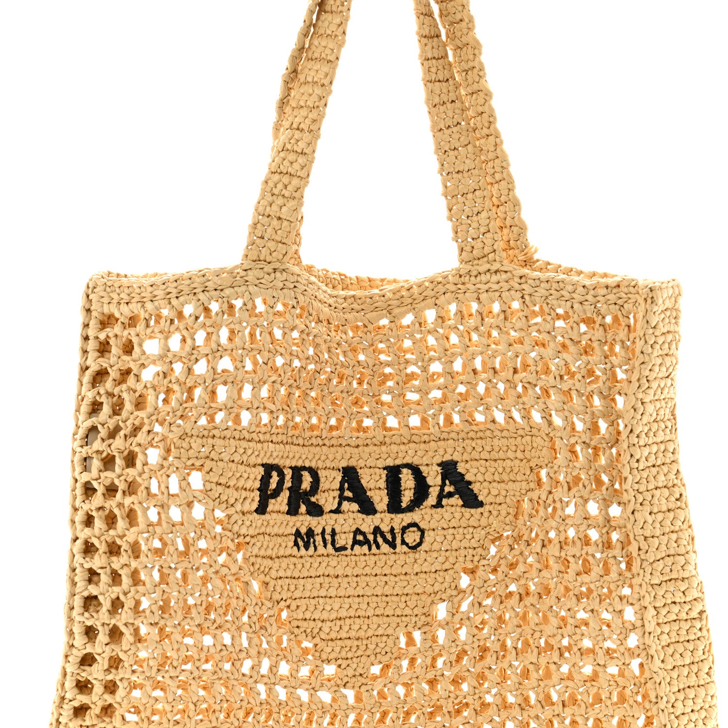 Prada Yarn Raffia Effect Crochet Logo Embroidered Tote Bag Naturale 7 of 10