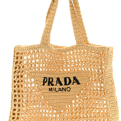 Prada Yarn Raffia Effect Crochet Logo Embroidered Tote Bag Naturale 7 of 10