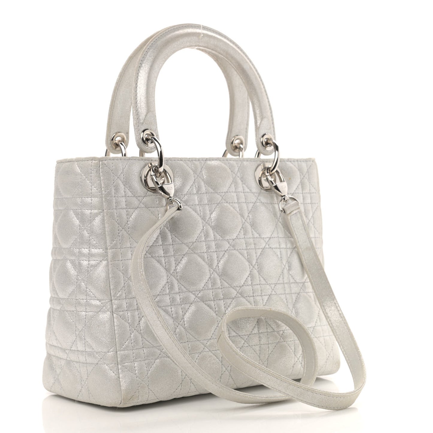Metallic Lambskin Cannage Medium Lady Dior Silver