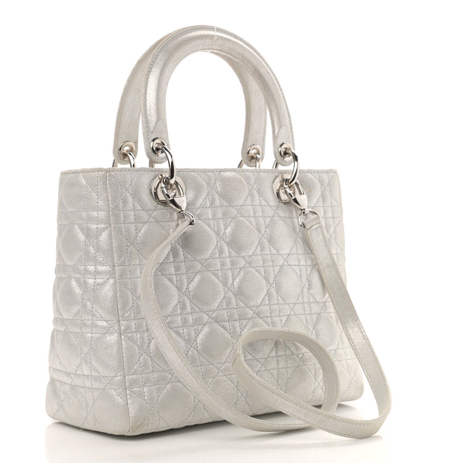 Christian Dior Metallic Lambskin Cannage Medium Lady Dior Silver 2 of 15