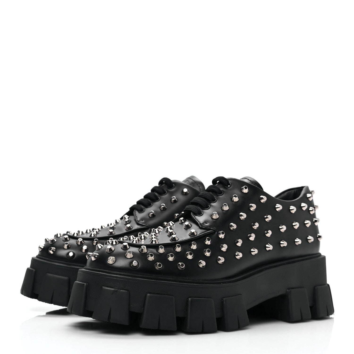 Prada Spazzolato Rois Studded Lace Up Monolith 55mm Derby Loafers 39.5 Black 3 of 8
