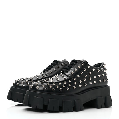 Prada Spazzolato Rois Studded Lace Up Monolith 55mm Derby Loafers 39.5 Black 3 of 8
