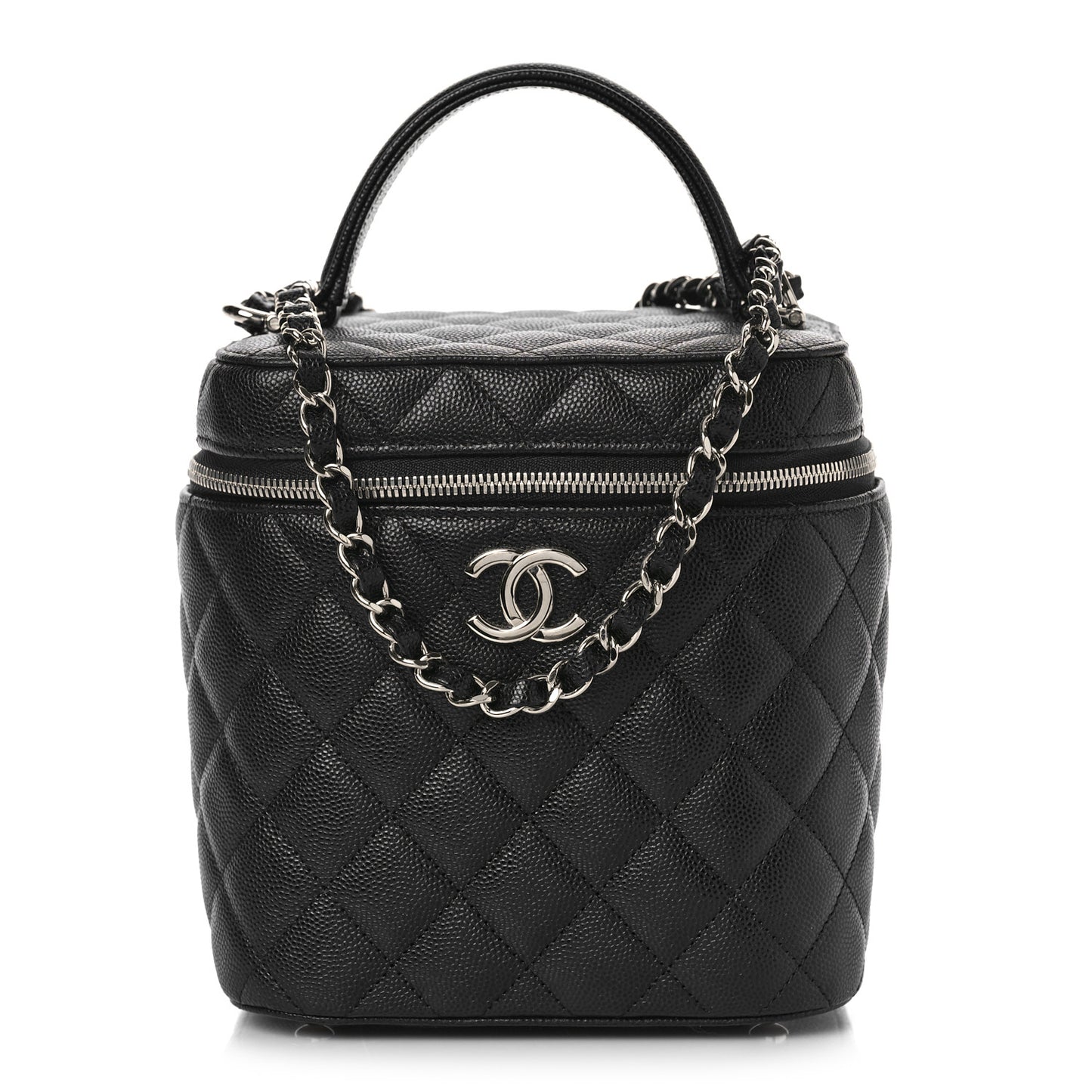 Caviar Quilted Small Top Handle Vanity Case With Chain Black